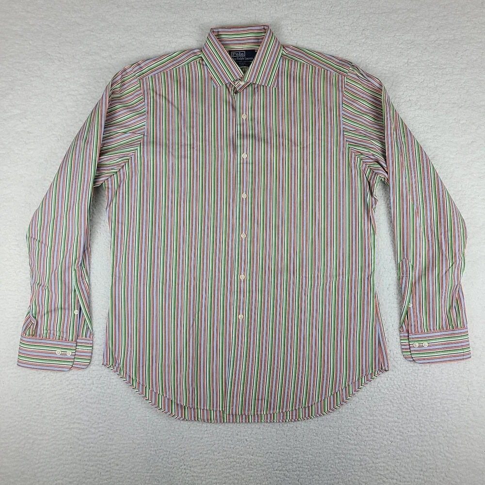 Polo Ralph Lauren Shirt Mens Large 16 Blue Green Red Regent Fit Dress Button Up‎